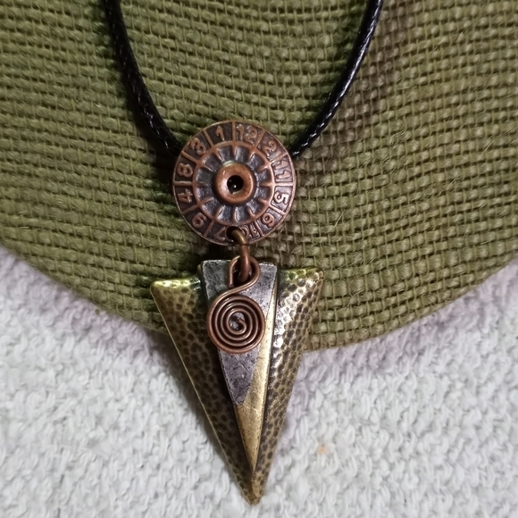 Coppertone goldtone silvertone triangle pendant black cord necklace - Picture 6 of 6